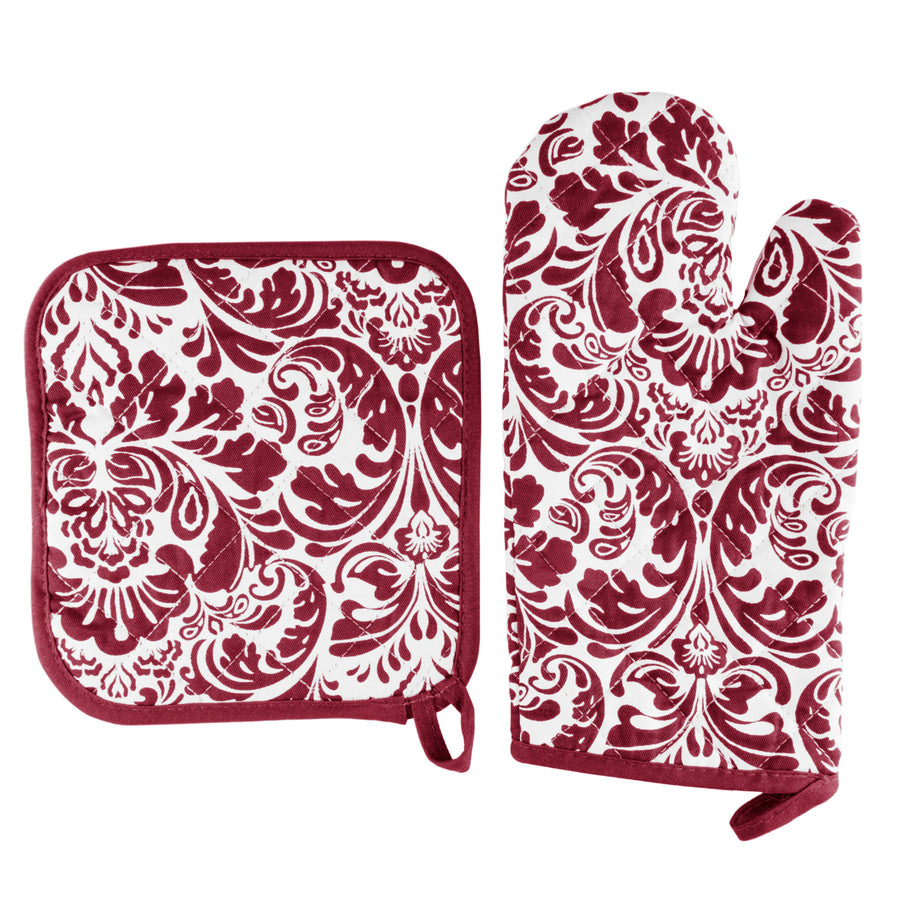 Lavish Home Burgundy Cotton Oven Mitt Pot Holder Set Heat Protection 2PC Image 1