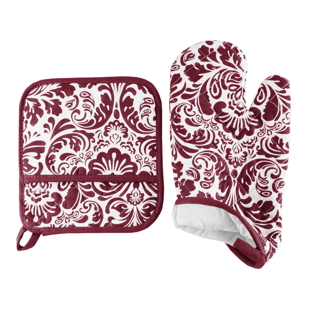 Lavish Home Burgundy Cotton Oven Mitt Pot Holder Set Heat Protection 2PC Image 3