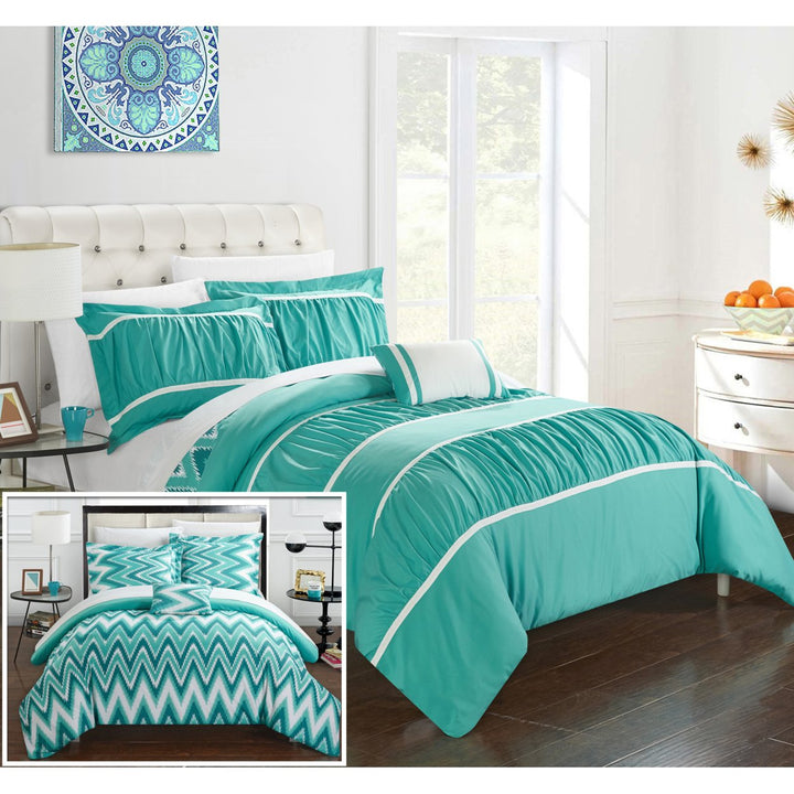 4 or 3 Piece Lucia Pleated and Ruffled with Chevron REVERSIBLE Backing Comforter Set Image 1