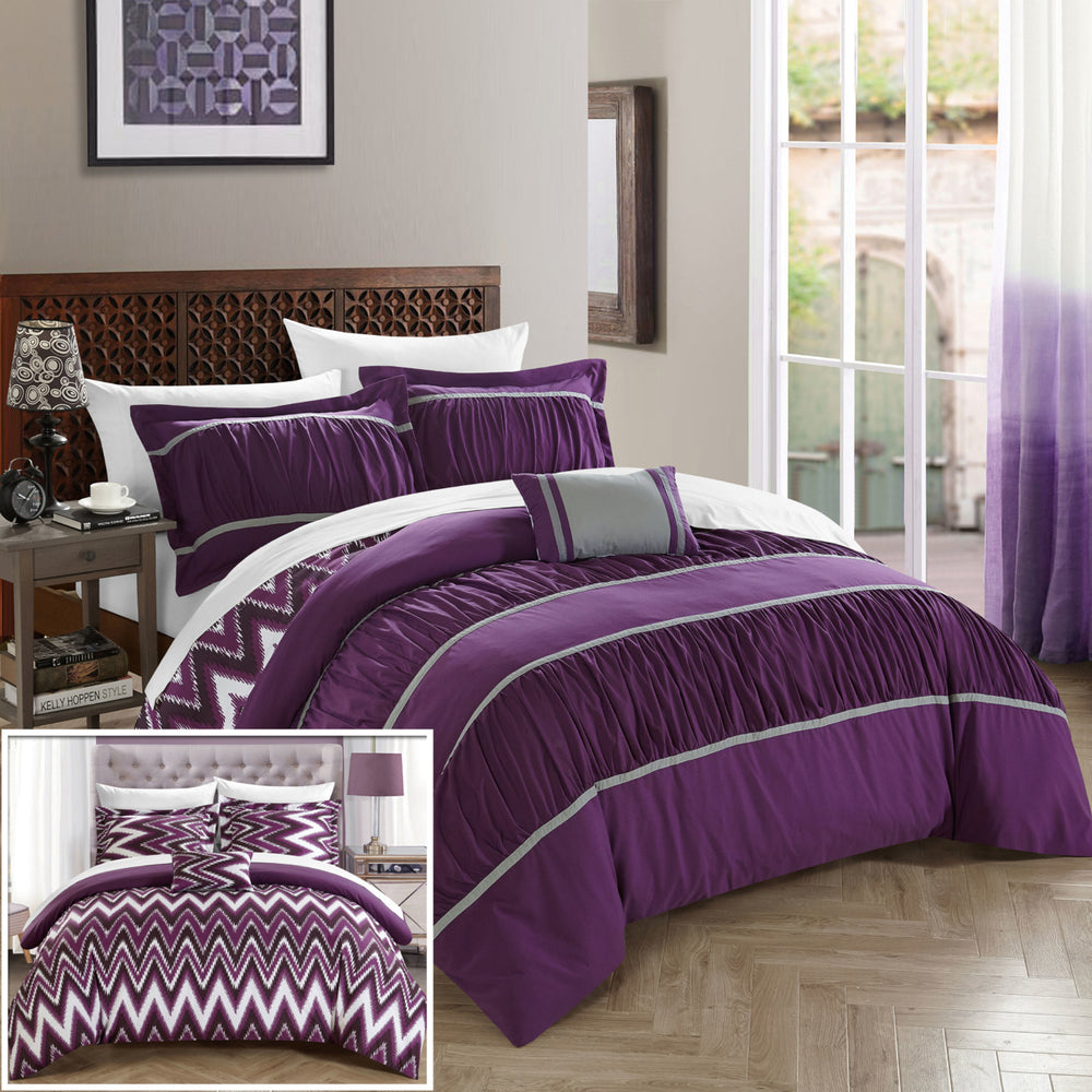 4 or 3 Piece Lucia Pleated and Ruffled with Chevron REVERSIBLE Backing Comforter Set Image 2