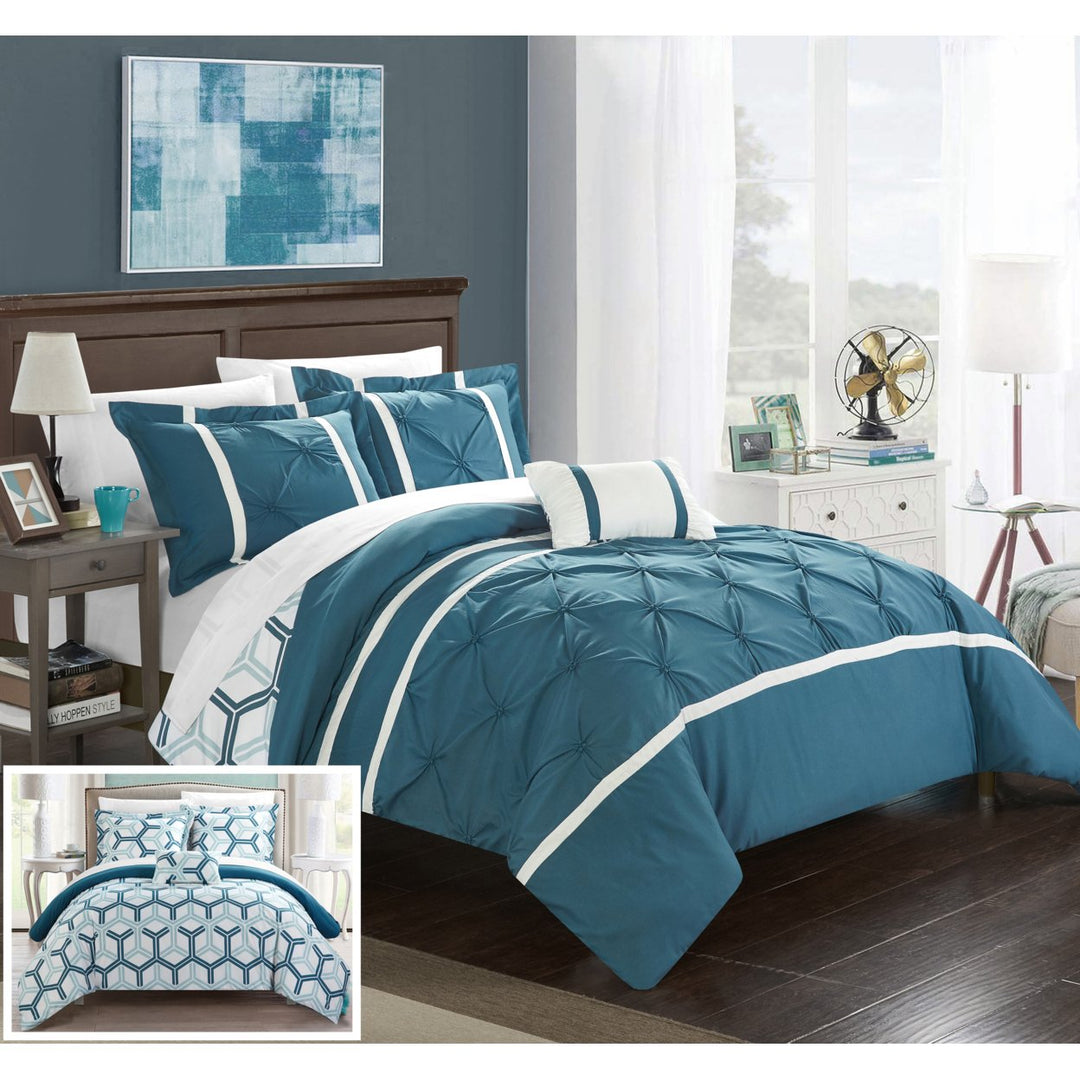 Chic Home 3/4 Piece Eula Pinch Pleated Ruffled and Reversible Geometric Design Printed Comforter Set Image 1