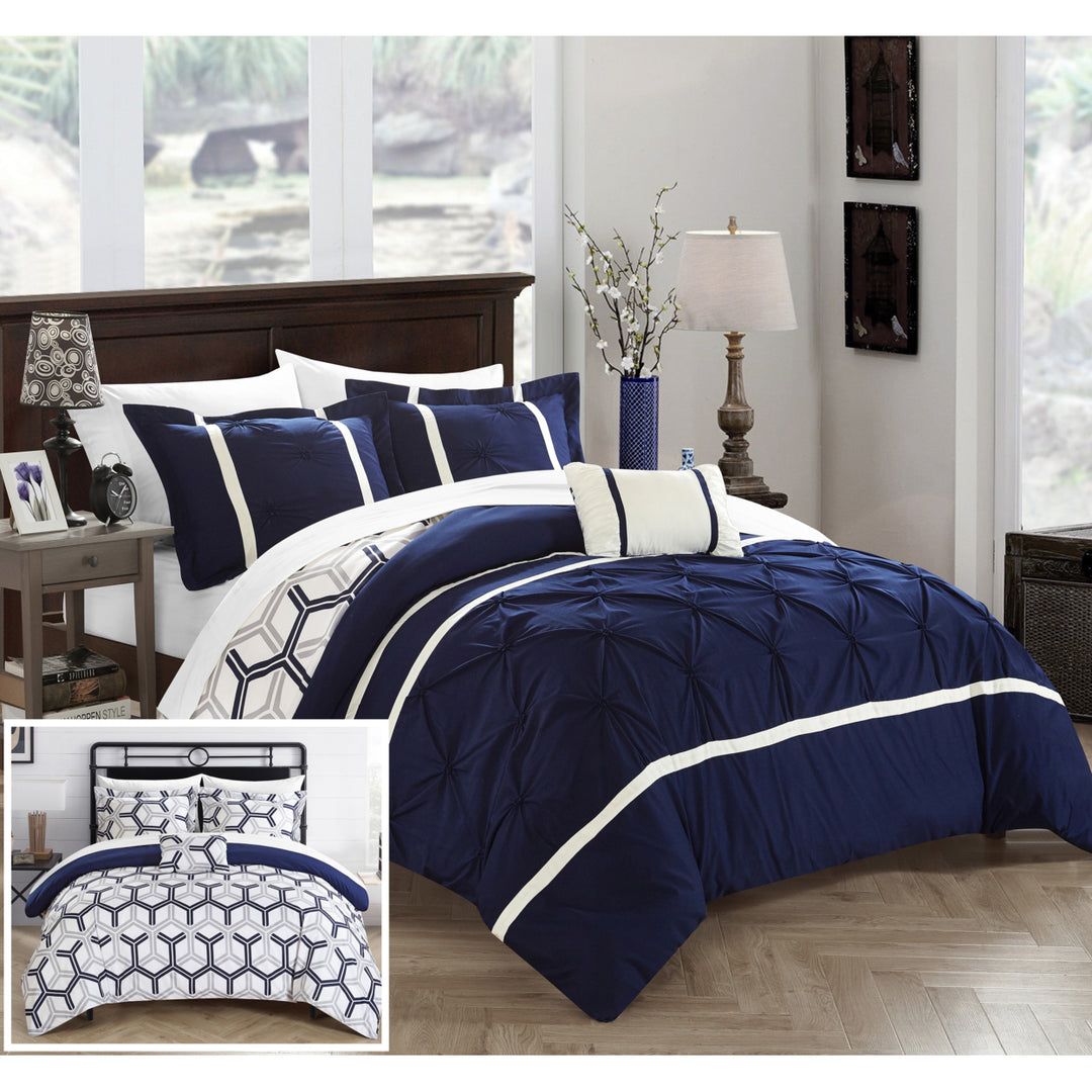 Chic Home 3/4 Piece Eula Pinch Pleated Ruffled and Reversible Geometric Design Printed Comforter Set Image 2