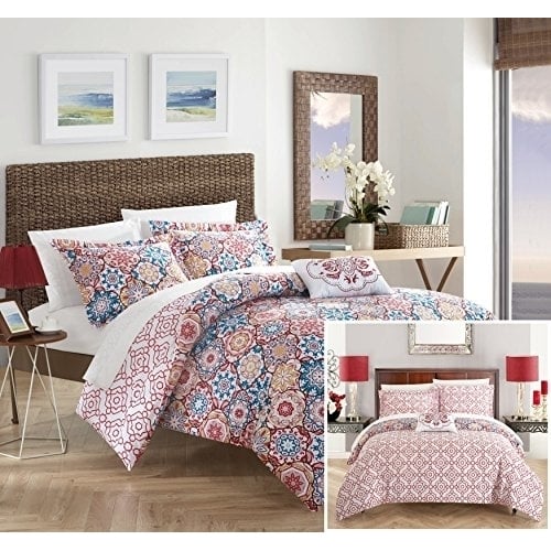 3 or 4 Piece Eindhoven 100% Cotton 200 Thread Count Bohemian Inspired Printed REVERSIBLE Quilt Set with Shams and Image 1