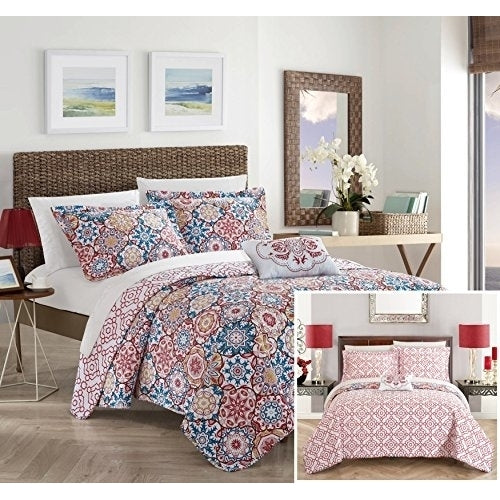 4 Piece Linden 100% Cotton 200 Thread Count Bohemian Inspired Printed REVERSIBLE Duvet Cover Set with Shams and Image 1