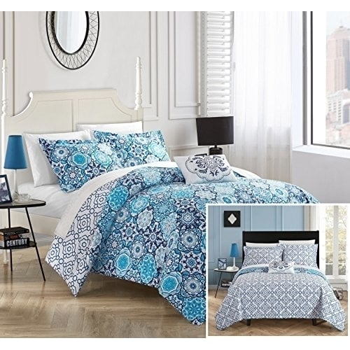 4 Piece Linden 100% Cotton 200 Thread Count Bohemian Inspired Printed REVERSIBLE Duvet Cover Set with Shams and Image 1