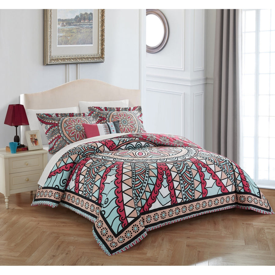 Chic Home 4 Pc. Aiyana 100% Cotton 200 Thread Count XL Panel Framed Boho Printed REVERSIBLE Duvet Cover Set w/ Shams and Image 1