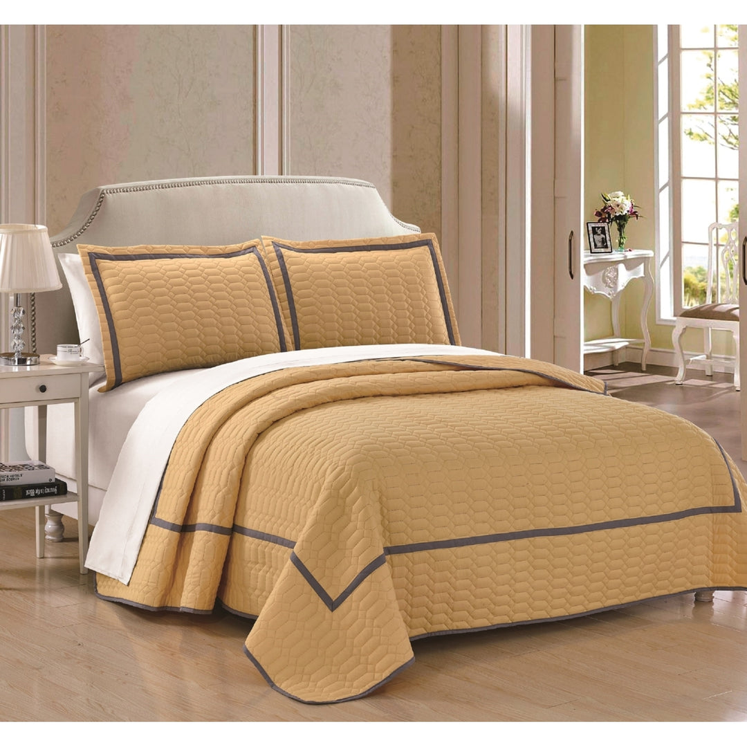 3 or 2  Piece Halrowe Hotel Collection 2 tone banded Quilted Geometrical Embroidered Quilt Set Image 1