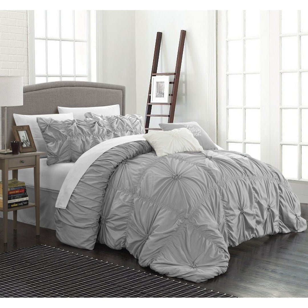 Chic Home 6 Piece Hilton Floral Pinch Pleat Ruffled Designer Embellished Comforter Set Image 1