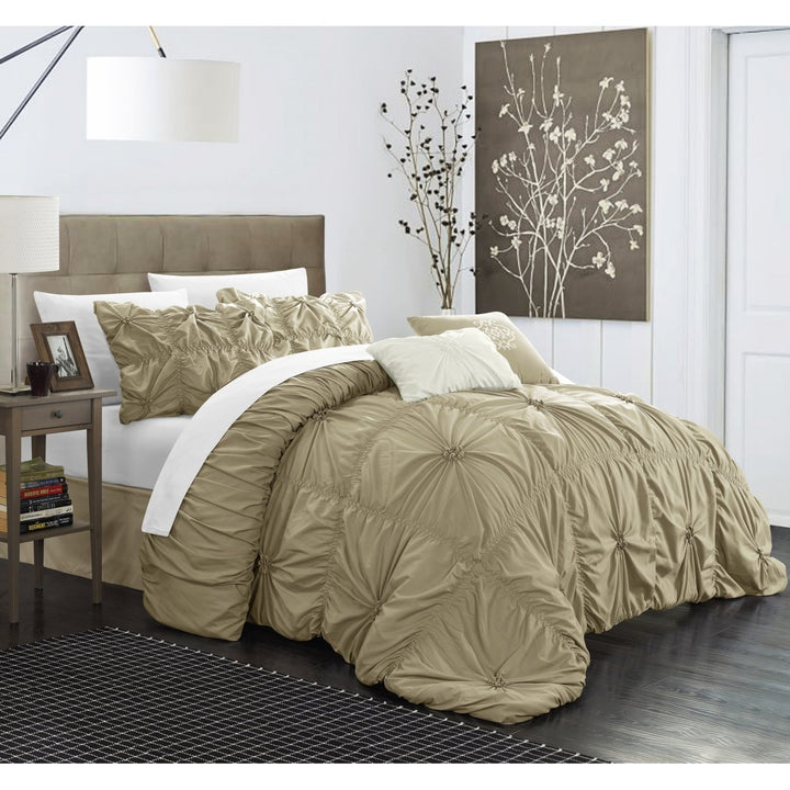 Chic Home 6 Piece Hilton Floral Pinch Pleat Ruffled Designer Embellished Comforter Set Image 1