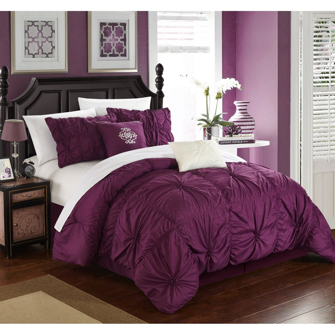 Chic Home 6 Piece Hilton Floral Pinch Pleat Ruffled Designer Embellished Comforter Set Image 1