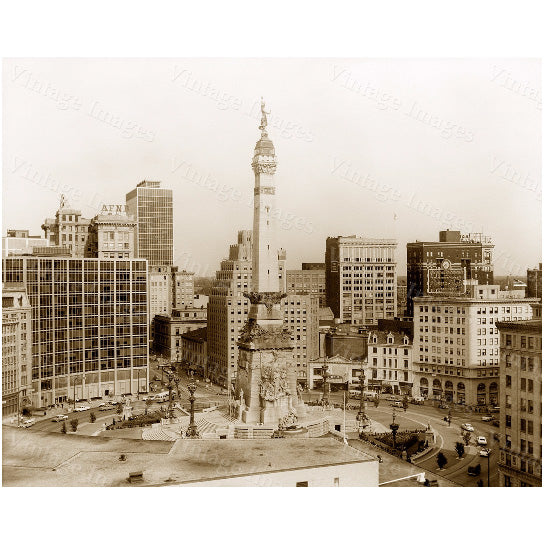 old Indianapolis Photo, Indianapolis Skyline photo, Monument Circle, Indiana art print, Indianapolis City Scene. Image 2