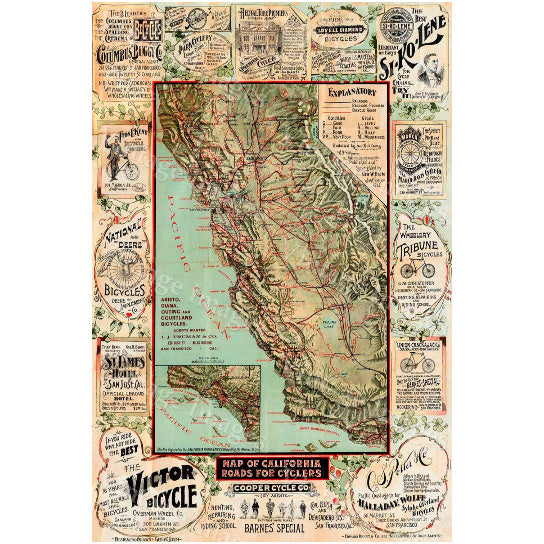 Old California Map California Bicycle Map 1895 Vintage California map cycling map Antique California wall Map Fine art Image 1