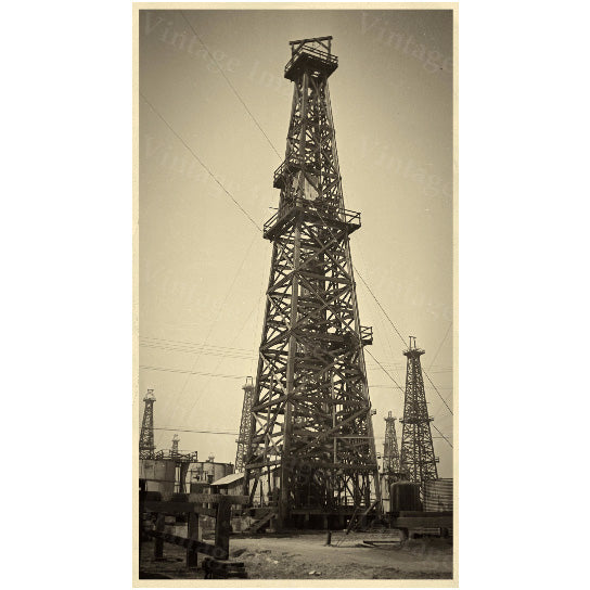 old historic oil well drill drilling rig derrick oil gusher field sepia tone photo wall Photo steampunk Old Photograph Image 2