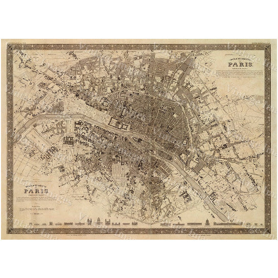 Old Map Vintage Paris City Plan, Map of Paris 1860 French style Paris map, Paris Street map Large Old Paris map Print Image 1