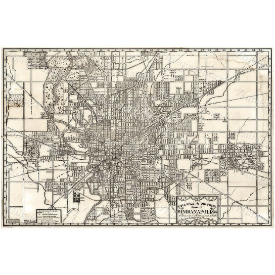 GIant 1899 Vintage Historic Indianapolis Indiana Bicycle and Driving Map Antique wall Map Fine art Print Poster Image 1