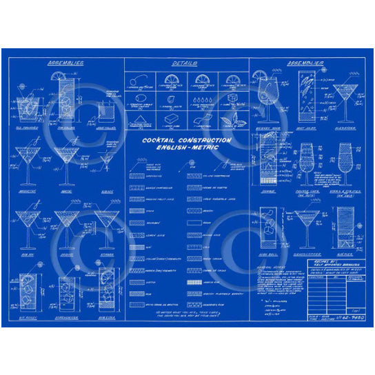 Crate AND Barrel Style Blue Martini cocktail construction recipe layout blueprint bar art drafting type fine art print Image 1