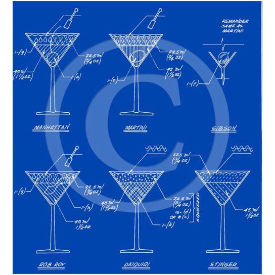 Crate AND Barrel Style Blue Martini cocktail construction recipe layout blueprint bar art drafting type fine art print Image 3