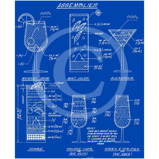 Crate AND Barrel Style Blue Martini cocktail construction recipe layout blueprint bar art drafting type fine art print Image 4