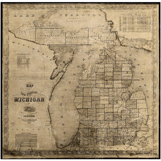 1856 Vintage Michigan Map Fine Art Print Lake Michigan Blueprint Heavyweight Paper Image 2