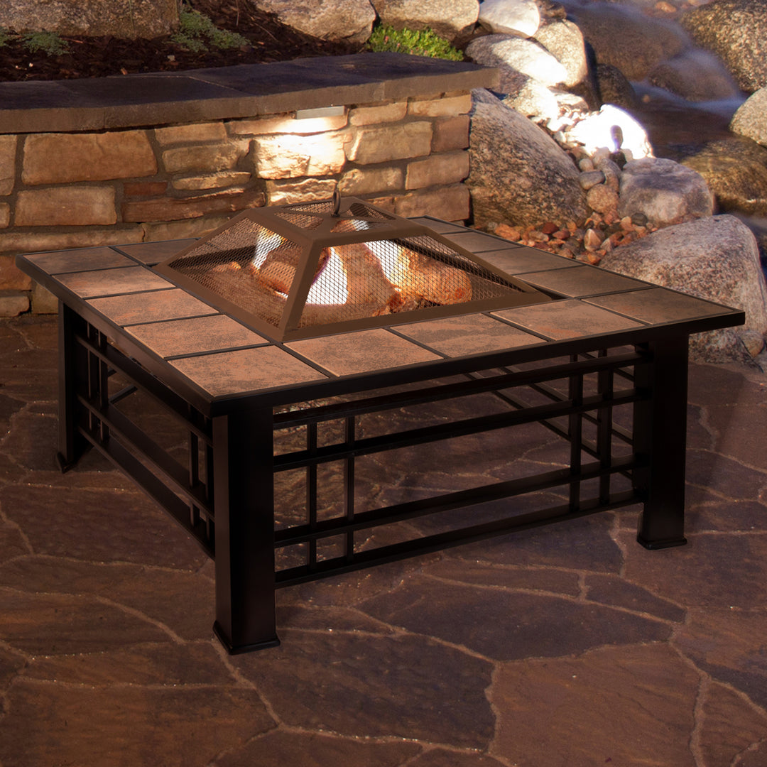 Fire Pit Set, Wood Burning Pit - Includes Spark Screen and Log Poker - Great for Outdoor and Patio, 32 Inch Tile Firepit Image 1