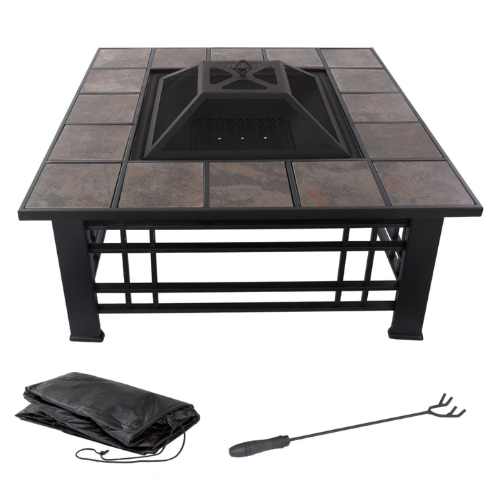 Fire Pit Set, Wood Burning Pit - Includes Spark Screen and Log Poker - Great for Outdoor and Patio, 32 Inch Tile Firepit Image 2