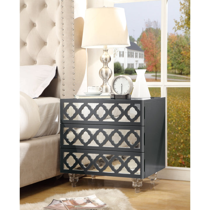 Billie Glossy Mirrored Nightstand-3-drawer-Side Table-Lucite Acrylic Legs-Modern and Functional by Inspired Home Image 1