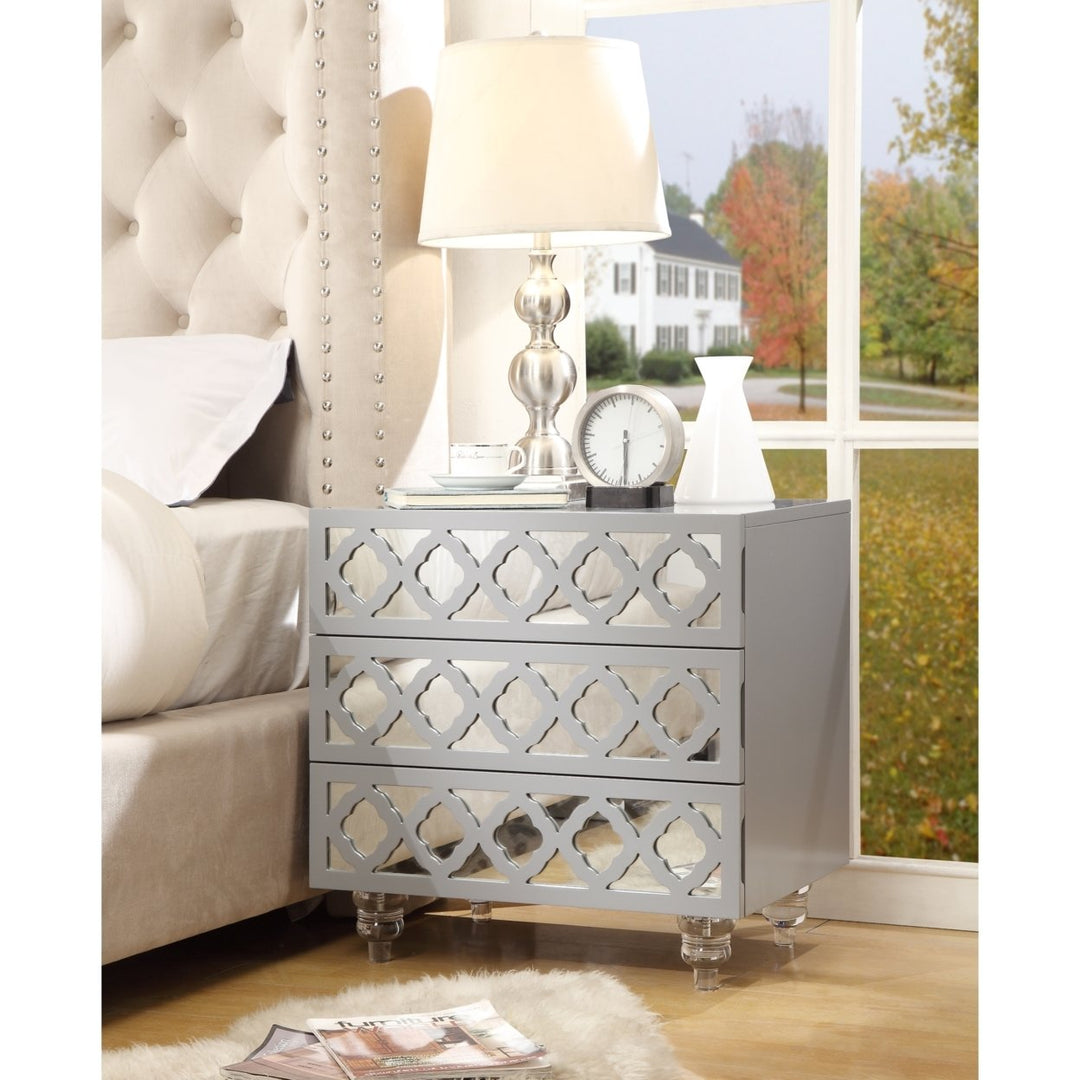 Billie Glossy Mirrored Nightstand-3-drawer-Side Table-Lucite Acrylic Legs-Modern and Functional by Inspired Home Image 2