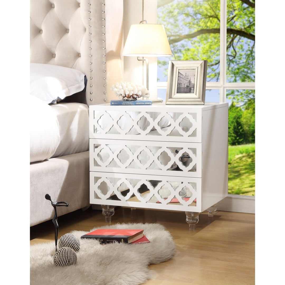 Inspired Home Billie Glossy Mirrored Nightstand 3 Drawer Lucite Legs Eco MDF Image 1