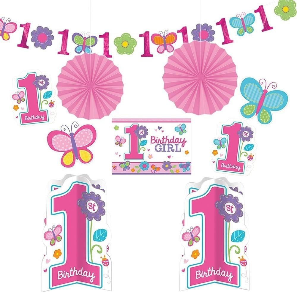 Girls 1st Birthday Party 8 Piece Decorating Kit Flowers and Butterflies Decor Amscan Image 1