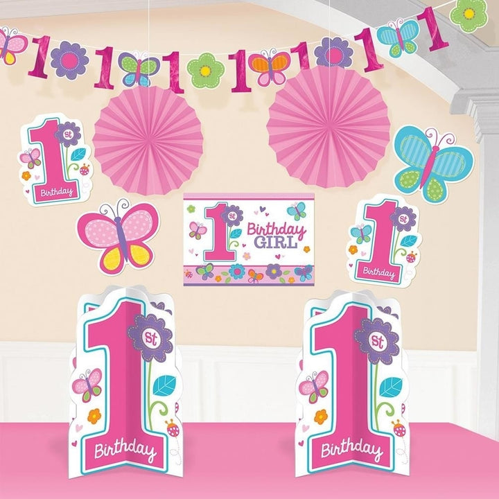 Girls 1st Birthday Party 8 Piece Decorating Kit Flowers and Butterflies Decor Amscan Image 2