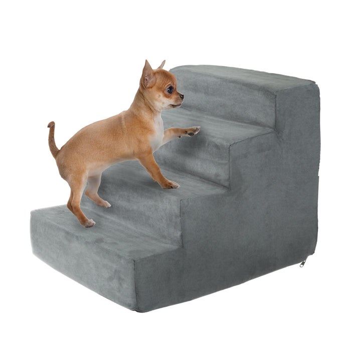 4 Steps High Density Foam Pet Stairs Removable Washable Zipper Cover 15 inches High Small Dogs Cats Gray Image 1
