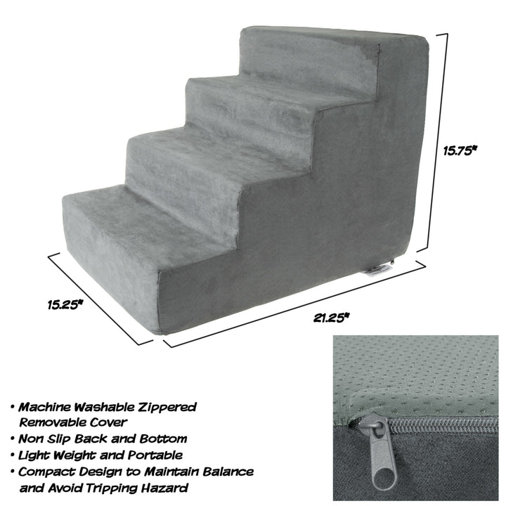 4 Steps High Density Foam Pet Stairs Removable Washable Zipper Cover 15 inches High Small Dogs Cats Gray Image 3