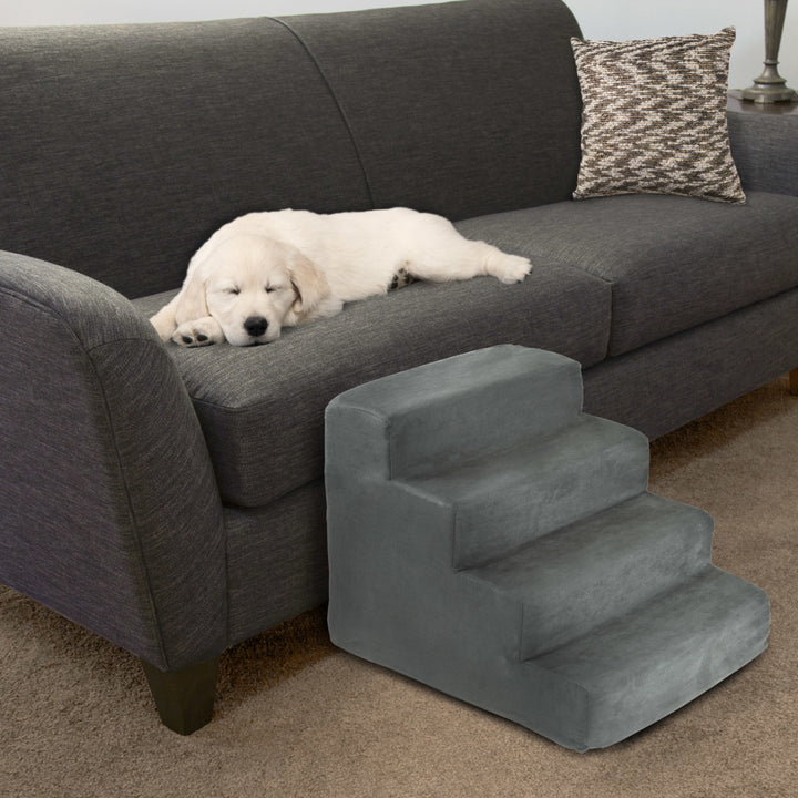 4 Steps High Density Foam Pet Stairs Removable Washable Zipper Cover 15 inches High Small Dogs Cats Gray Image 4