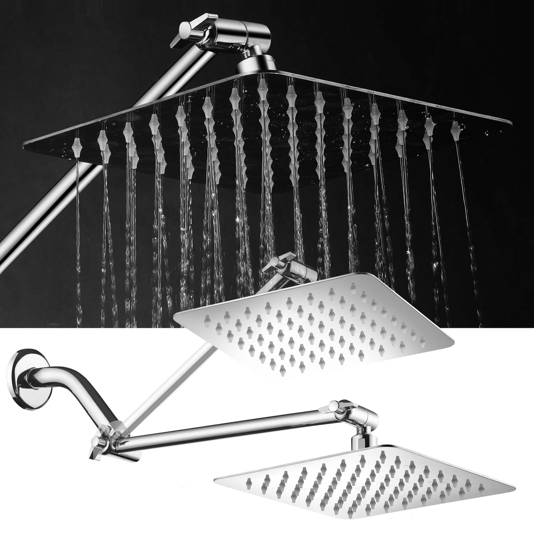 Hotelspa Large 8 inch Stainless Steel Slimline Square Rainfall Showerhead with Solid Brass Adjustable Extension Arm Image 1