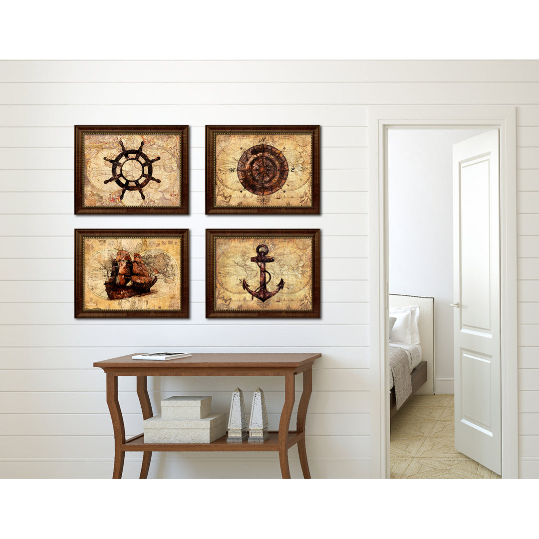 Anchor Vintage Nautical Old Map Canvas Print with Brown Frame  Wall Art Decoration Display Gift Ideas Image 2