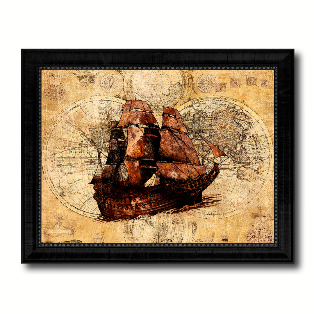 Boat Vintage Nautical Old Map Canvas Print with Black Frame  Wall Art Decoration Display Gift Ideas Image 1