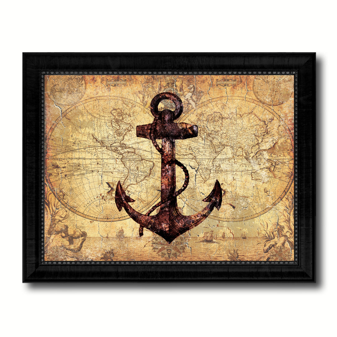 Anchor Vintage Nautical Old Map Canvas Print with Black Frame  Wall Art Decoration Display Gift Ideas Image 1