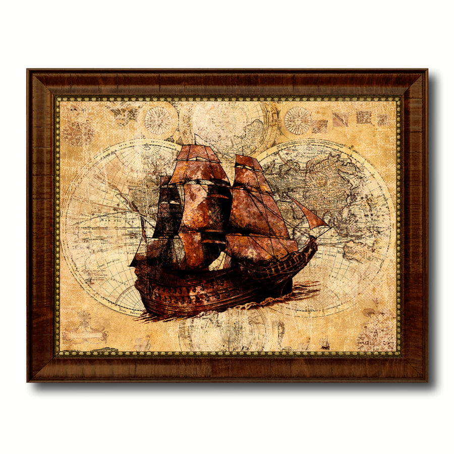 Boat Vintage Nautical Old Map Canvas Print with Brown Frame  Wall Art Decoration Display Gift Ideas Image 1