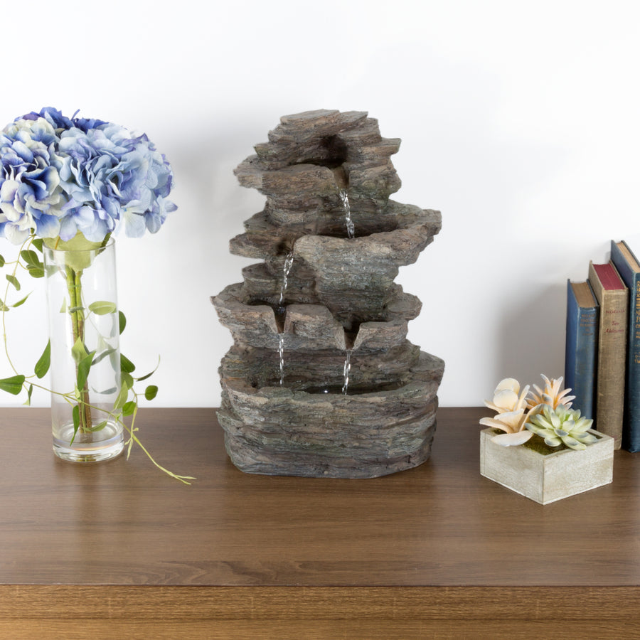 Tabletop Water Fountain with Cascading Rock Waterfall and LED Lights - Tiered Stone Image 1
