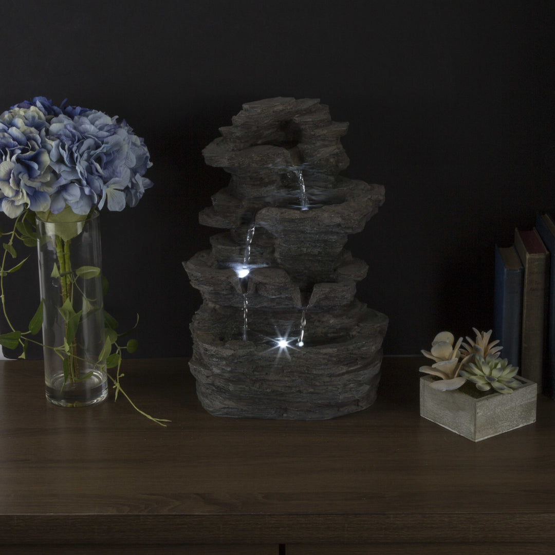 Tabletop Water Fountain with Cascading Rock Waterfall and LED Lights - Tiered Stone Image 2