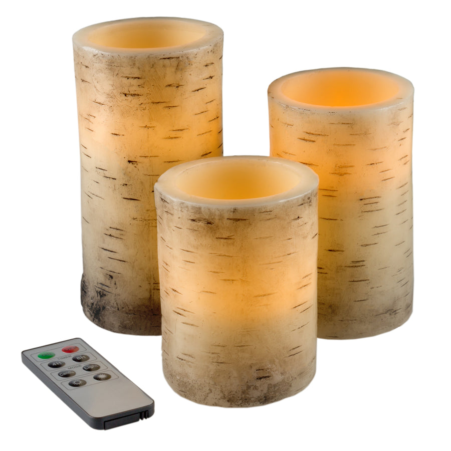 3 Pc Birch Bark Real Wax LED Flameless Flickering Candle Set w/ Remote and Timer Image 1