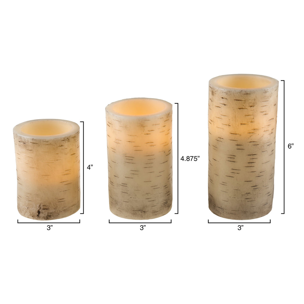 3 Pc Birch Bark Real Wax LED Flameless Flickering Candle Set w/ Remote and Timer Image 2
