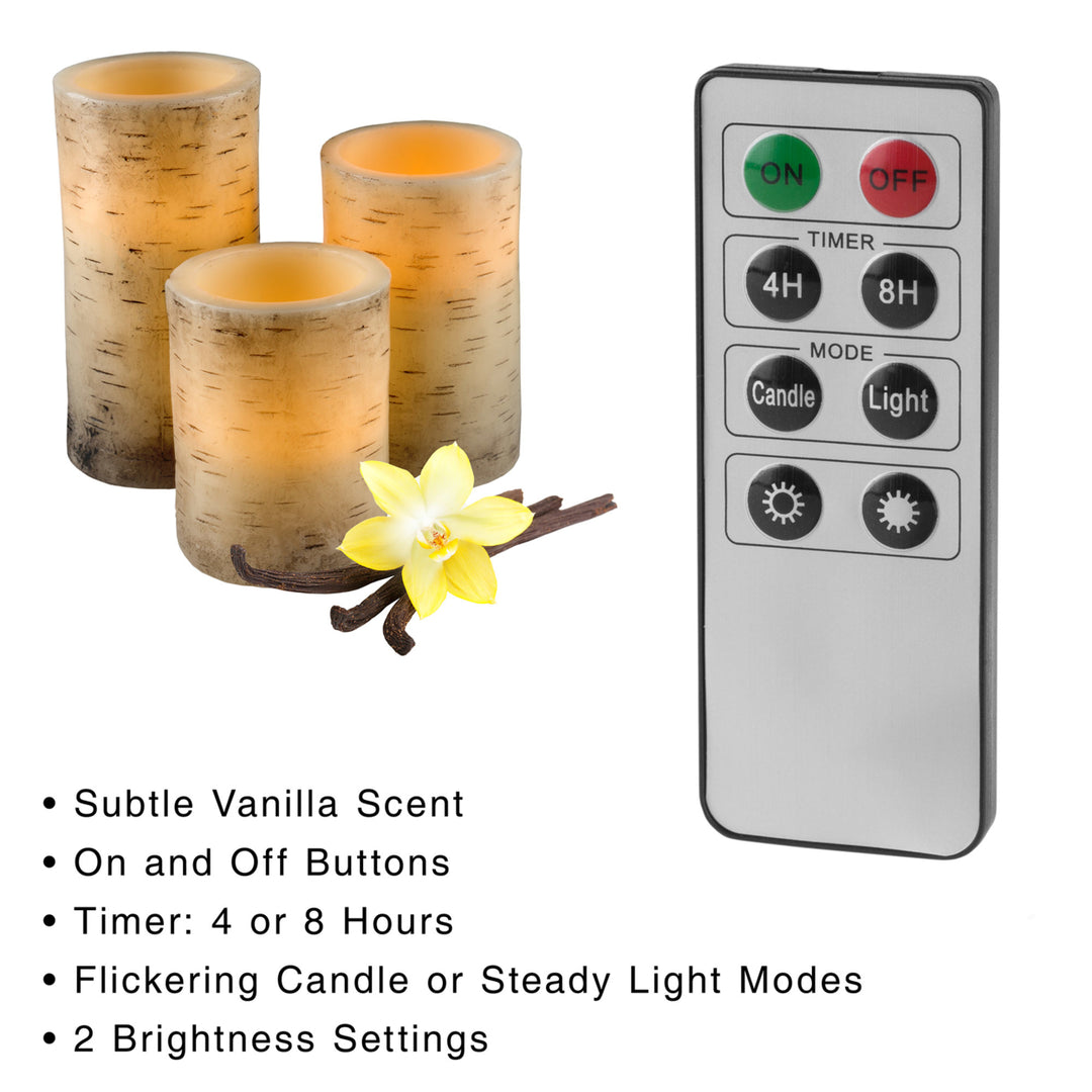 3 Pc Birch Bark Real Wax LED Flameless Flickering Candle Set w/ Remote and Timer Image 3