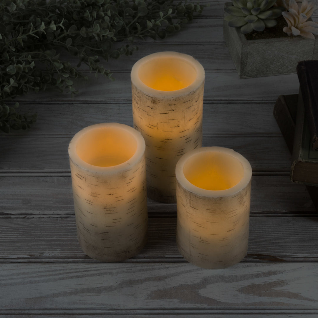3 Pc Birch Bark Real Wax LED Flameless Flickering Candle Set w/ Remote and Timer Image 4