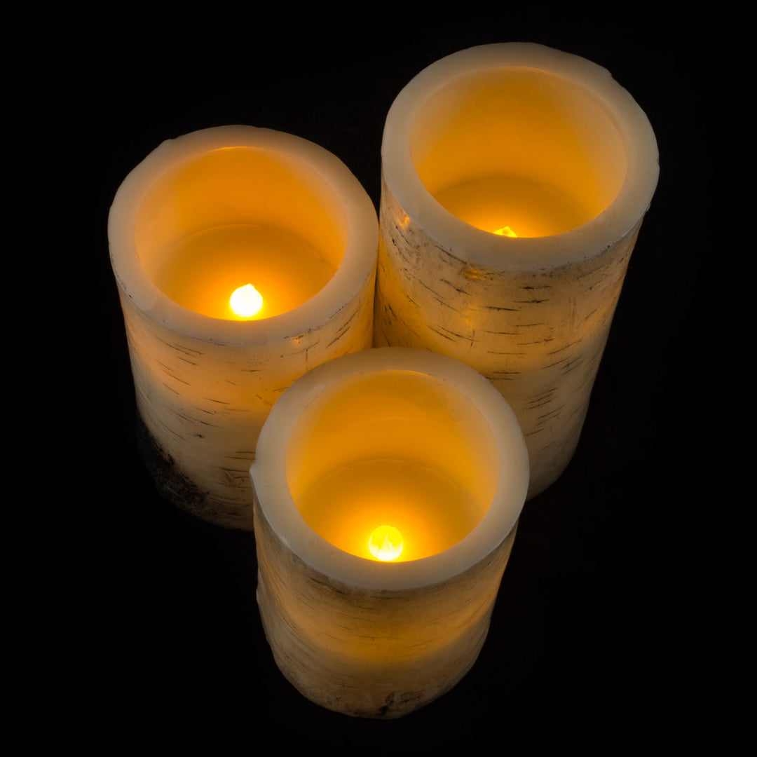 3 Pc Birch Bark Real Wax LED Flameless Flickering Candle Set w/ Remote and Timer Image 5