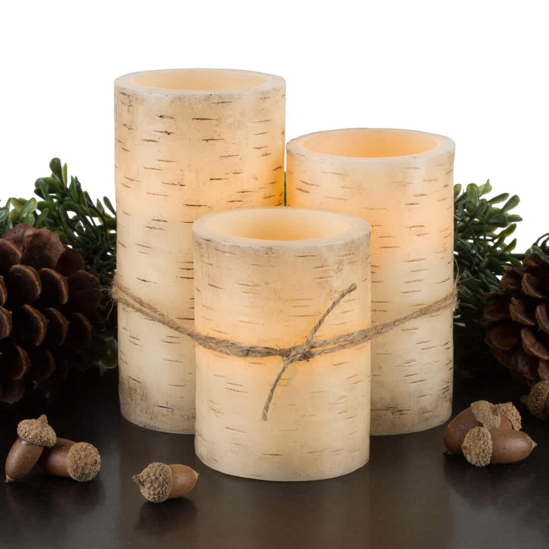 3 Pc Birch Bark Real Wax LED Flameless Flickering Candle Set w/ Remote and Timer Image 6