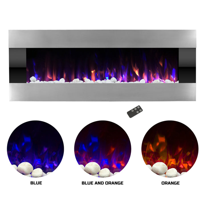 Stainless Steel Electric Fireplace with Wall Mount and Remote and Timer Fire and Ice 54 Inch Top Heater Fan Image 1