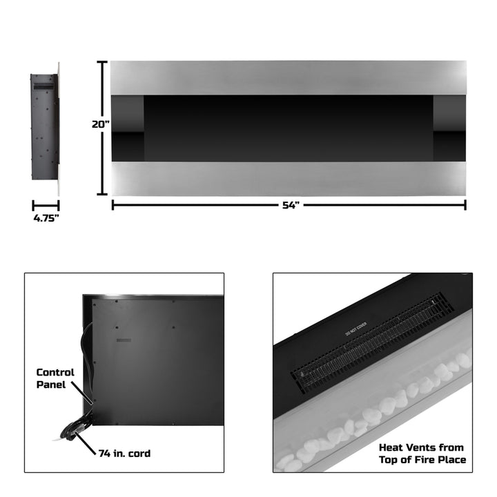 Stainless Steel Electric Fireplace with Wall Mount and Remote and Timer Fire and Ice 54 Inch Top Heater Fan Image 2