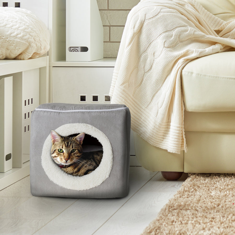 Gray Cat Cave Bed 13x12 Enclosed Cube with Removable Pillow Microfiber Fleece Image 1