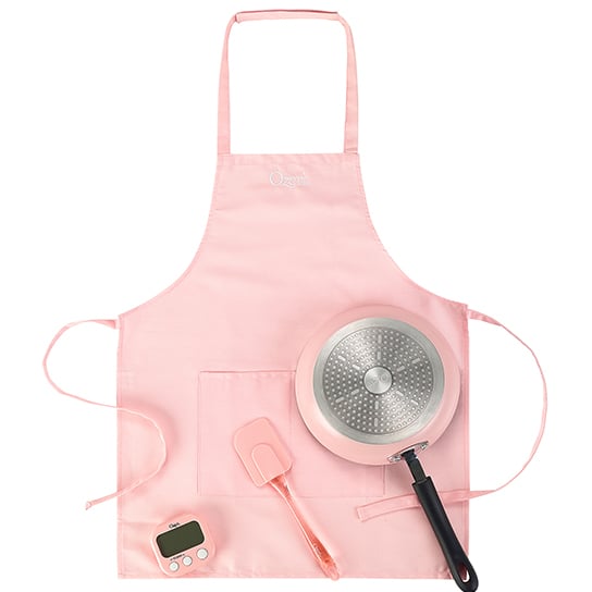 Ozeri Junior Chef Cooking Set 9.5 inch Pan Apron Spatula Timer Eco-Friendly Pink Blue Image 1